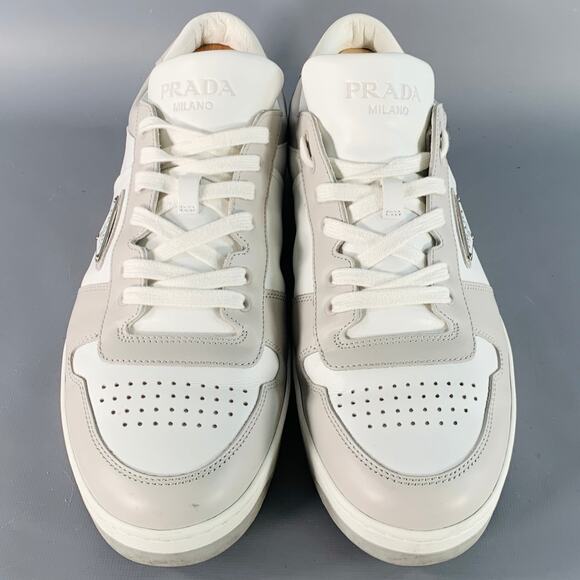 PRADA Size 11 White Grey Color Block Perforated Leather Logo Low Top Sneakers - Picture 4 of 11